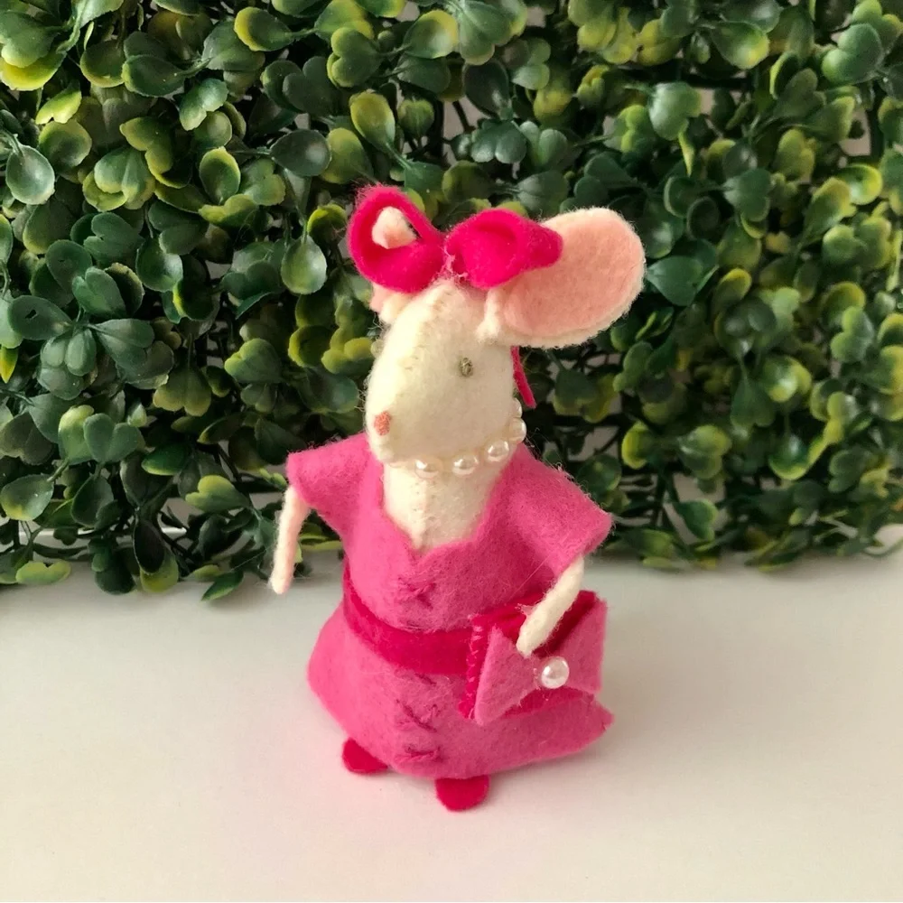 Hot Pink Dress Felt Mouse Art Doll Cake Topper hand-sewn handmade